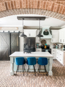 blue barstools from wayfair inside gorgeous kitchen